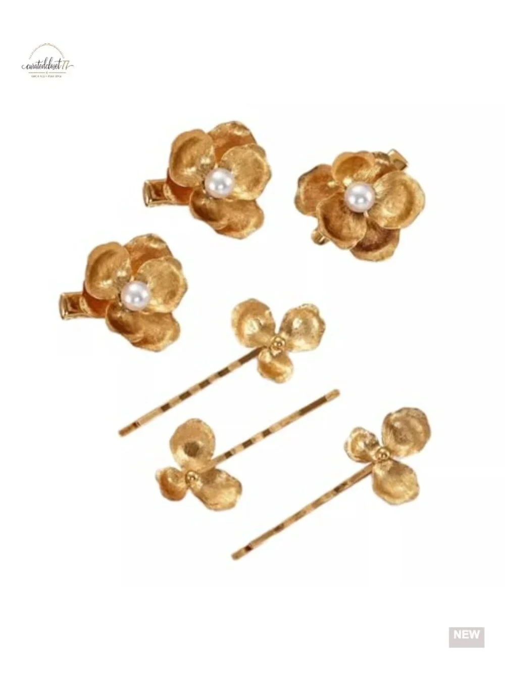 6 Vintage Gold Pearl Flower Hair Pins Metal Hair Accessories Set